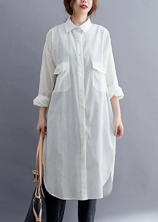 White Peter Pan Collar Button Patchwork Cotton Shirts Dress Fall
