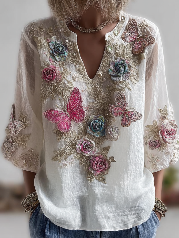 Comstylish Bohemian Style V-neck Butterfly And Flower Embroidery Cotton And Linen Short Sleeve