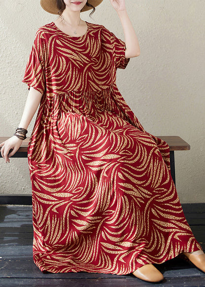 Red Oversized Print Cotton Long Dresses Summer