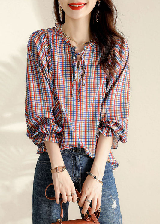 Ruffled Plaid Blouse Tops Spring
