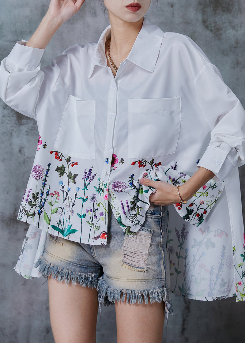 White Oversized Dandelion Print Cotton Shirt Tops Spring