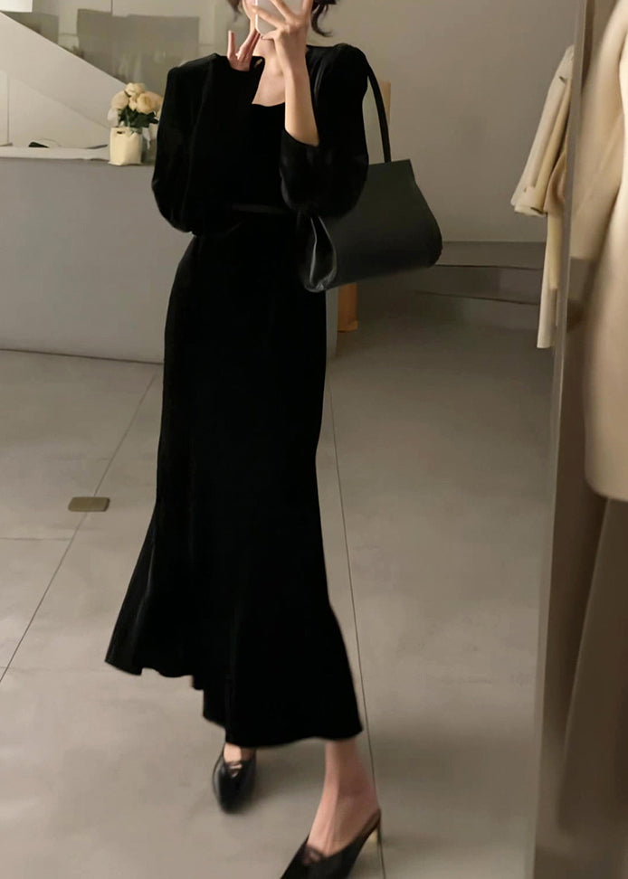 Slim Fit Black Square Collar Silk Velour Long Dresses Long Sleeve