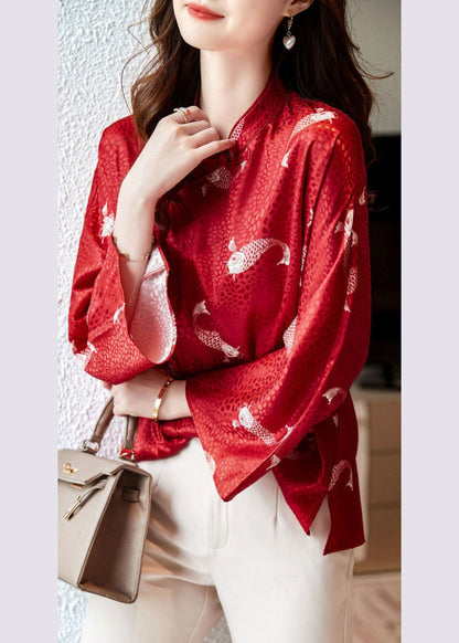 Red Stand Collar Print Silk Blouse Tops Flare Sleeve