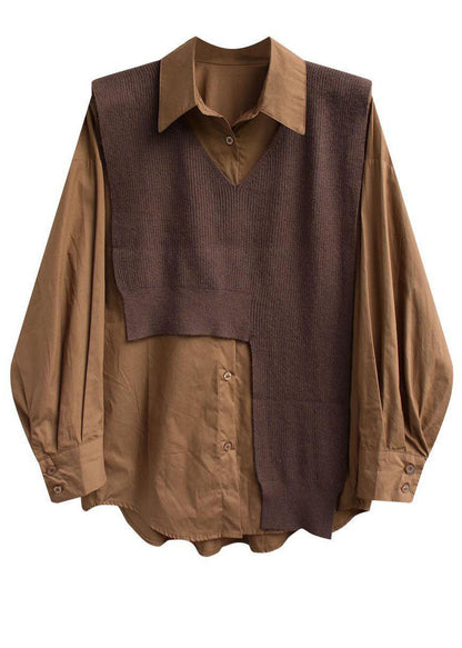 Chocolate Asymmetrical Design Knit Vest Contton Shirts Two Pieces Set Fall