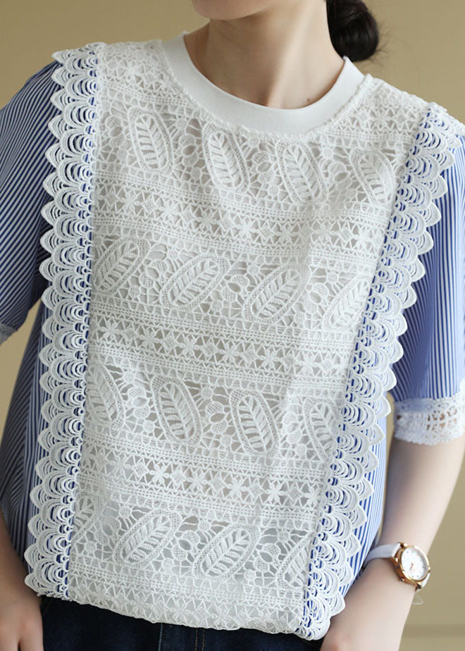 Colorblock O-neck Patchwork Striped Lace Shirt Short Sleeve