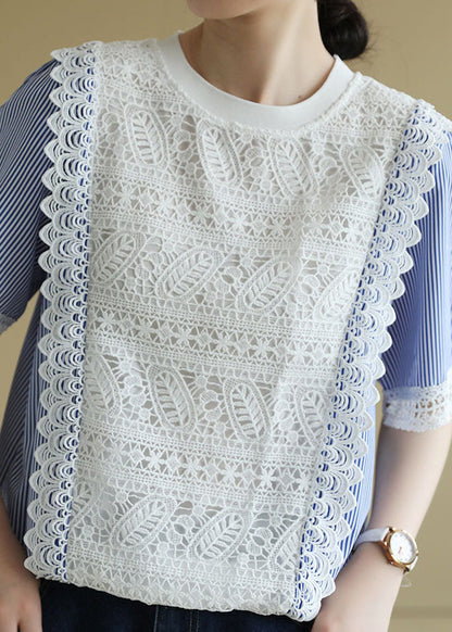 Colorblock O-neck Patchwork Striped Lace Shirt Short Sleeve