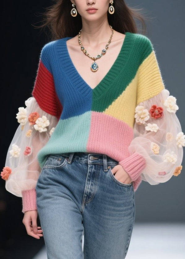 Diy Colorblock V Neck Tulle Patchwork Knit Sweater Fall