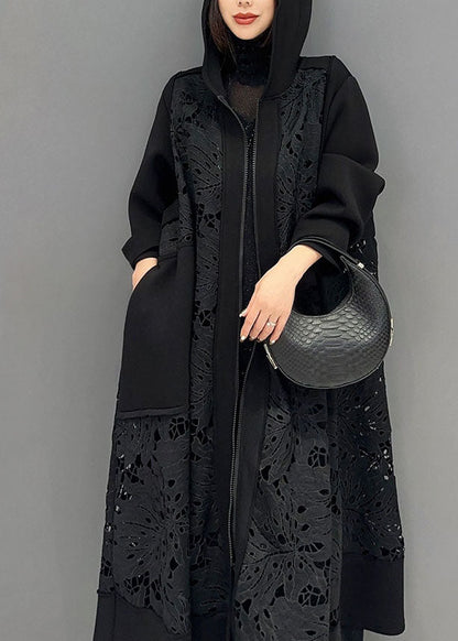 Black Pockets Hollow Out Maxi Hooded Trench Coats Long Sleeve Fall