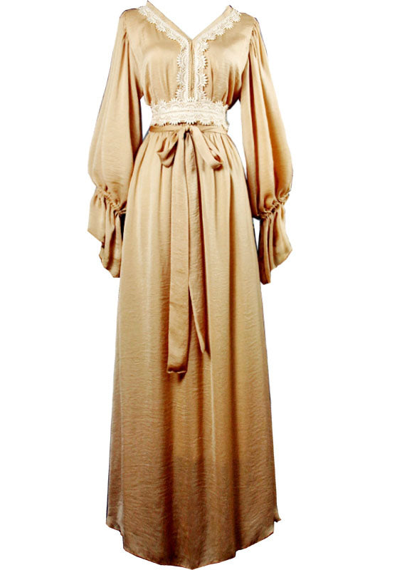 Khaki V Neck Lace Patchwork Exra Large Hem Silk Cinch Long Dress Spring
