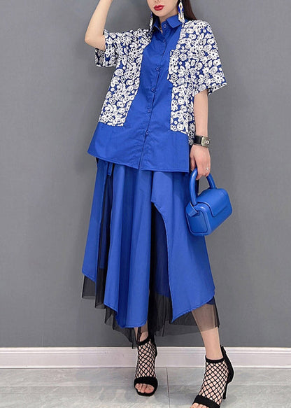 Blue Peter Pan Collar Asymmetrical Design Tulle Patchwork Shirt and Skirt Two Pieces Sets Summer