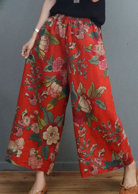 Handmade Red Print Linen Wide Leg Pants Spring