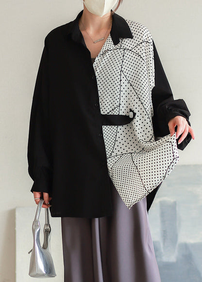 White Dot Asymmetrical Button Chiffon Shirt Batwing Sleeve