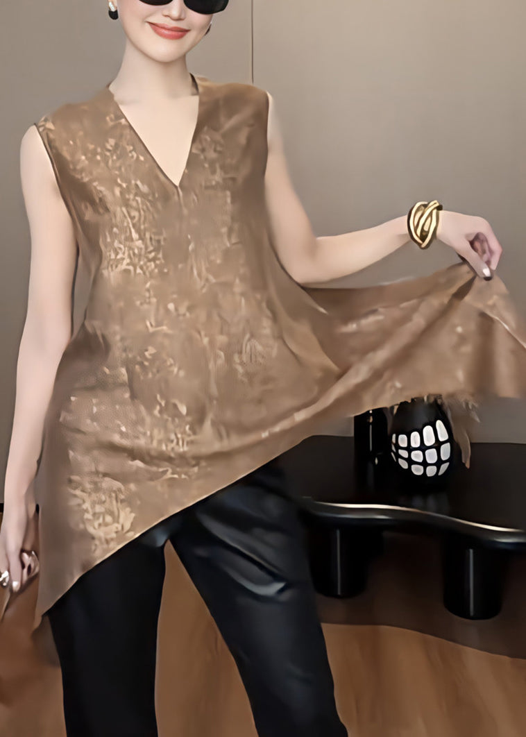 Khaki V Neck Asymmetrical Silk Tank Sleeveless