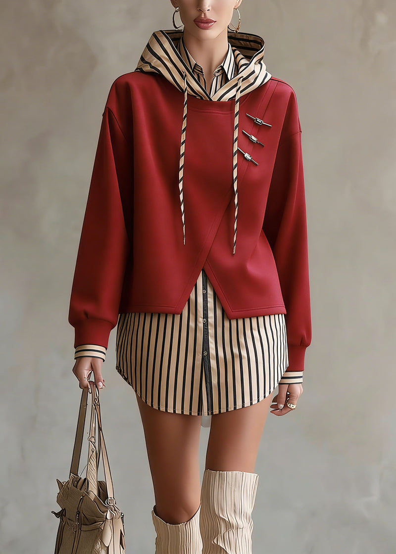 Unique Red Hooded Patchwork False Two Pieces Cotton Top Spring