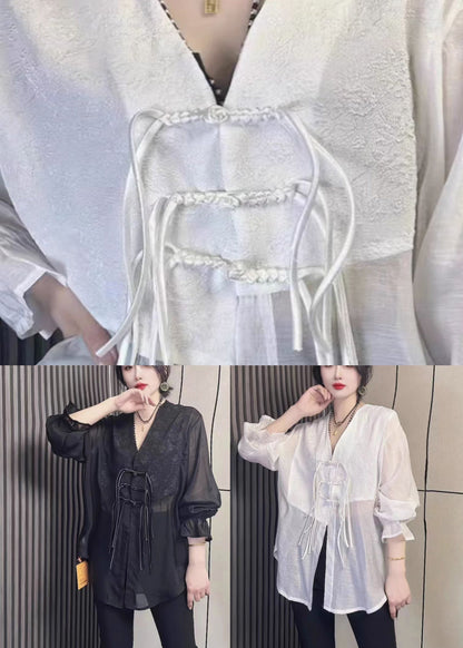 Simple Black V Neck Chiffon Shirts Fall