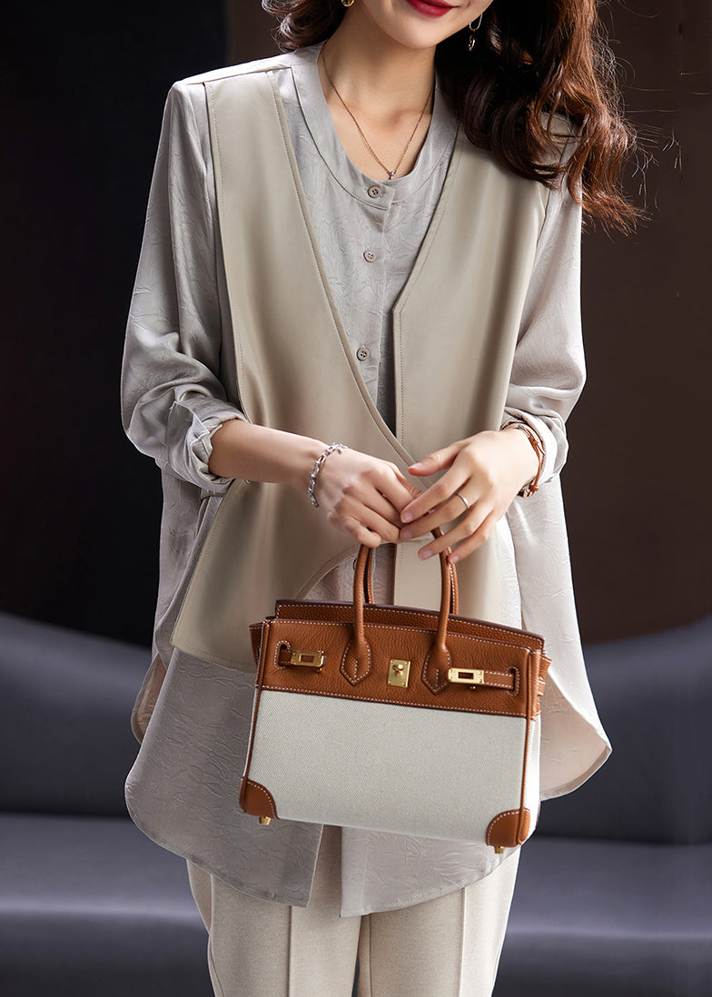 Coffee Button Faux Leather Patchwork False Two Pieces Blouses Spring