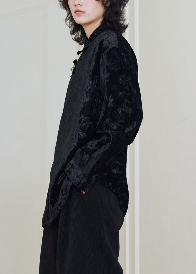 Black Stand Collar Button Silk Velour Shirts Fall