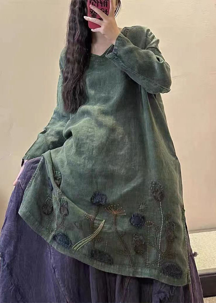 Yellow Text V Neck Embroidered Patchwork Linen Mid Dresses Fall