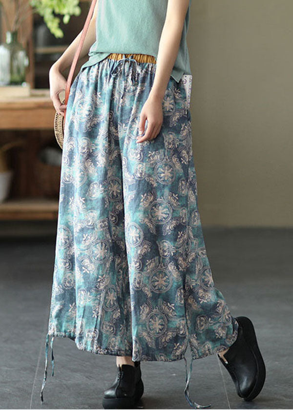 Blue Elastic Waist Pockets Linen Beam Pants Summer
