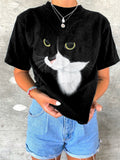 Lovely Bicolor Cat Face Graphic Washed Cozy T Shirt elevenforest