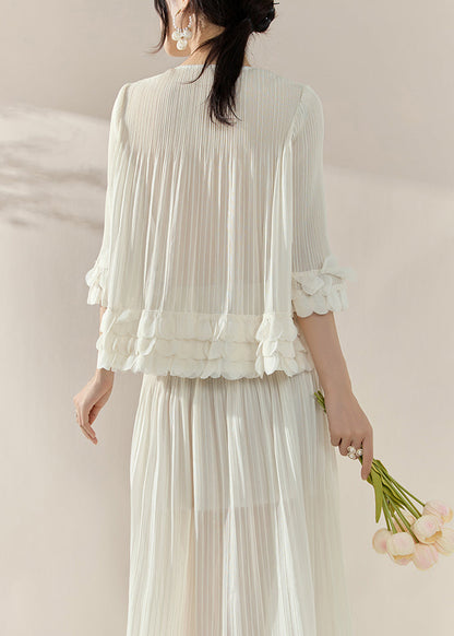 French White Nail Bead Silk Cotton Top and Maxi Skirts Two Piece Set Half Sleeve
