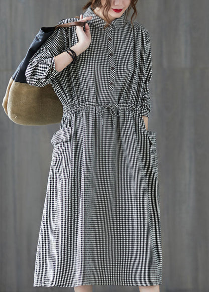 Simple Plaid Button Pockets Tie Waist Fall Party Dress Long Sleeve