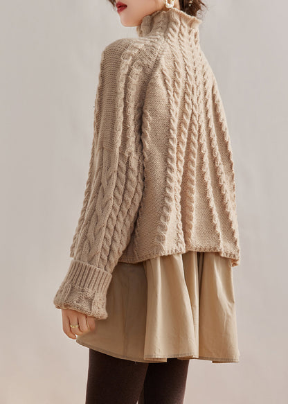 Style Beige Hign Neck False Two Pieces Knit Sweaters Winter