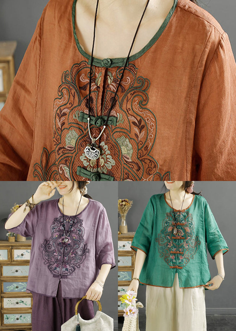 Orange Retro Linen Shirt Embroideried Chinese Button Summer