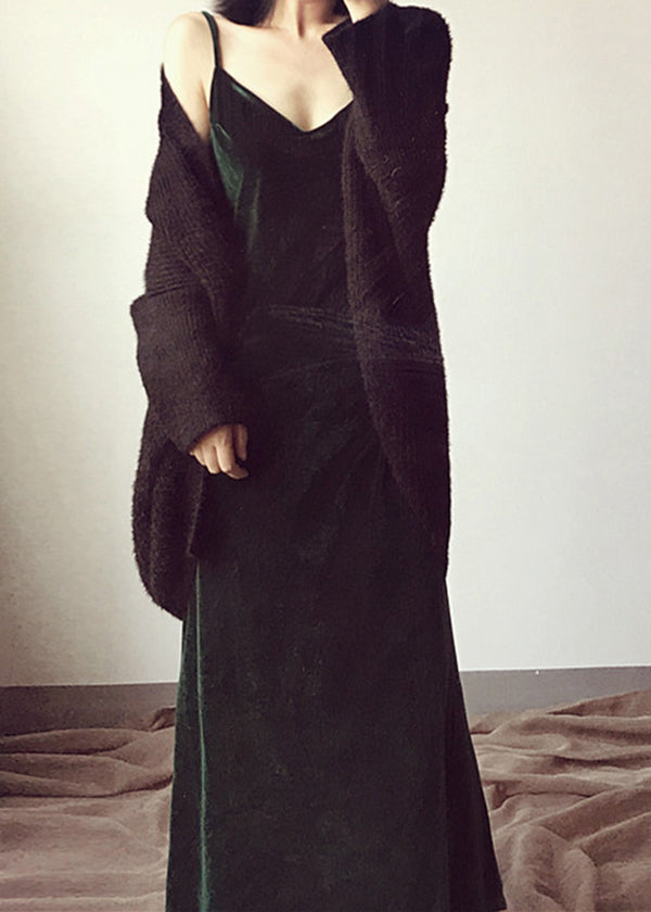 Green V Neck Velour Spaghetti Strap Dress Fall