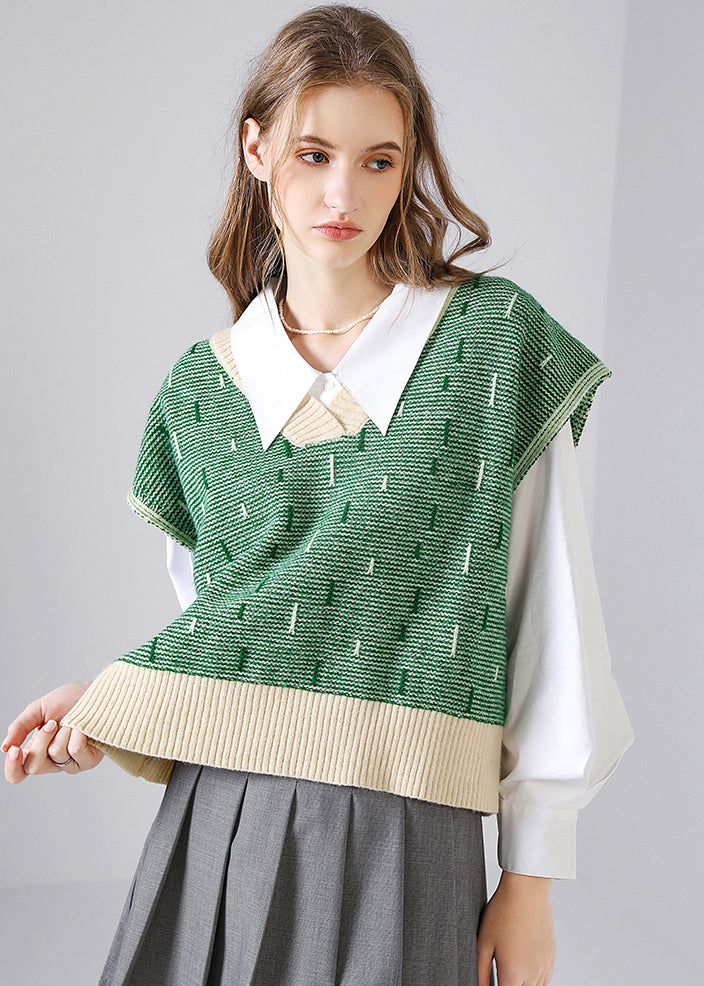 Green V Neck Patchwork Knit Tops Waistcoat Fall
