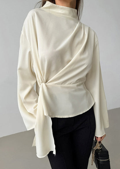 Beige Turtleneck Wrinkled Chiffon Shirt Fall