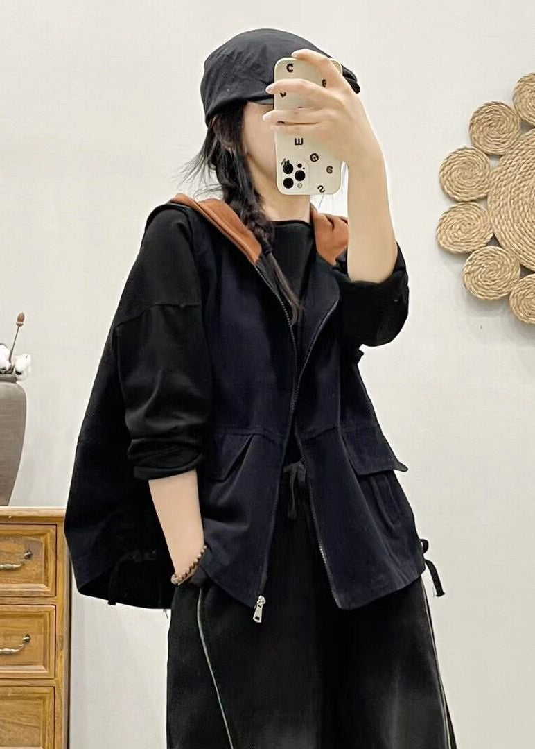 Khaki Hooded Zippered Patchwork Denim Vest Sleeveless