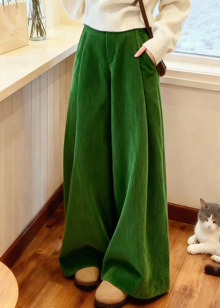 Green Pockets Corduroy Wide Leg Pants Spring