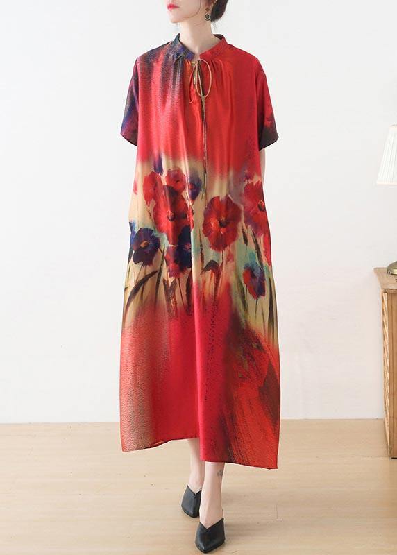 Fine Red Print Short Sleeve Holiday Summer Chiffon Dress