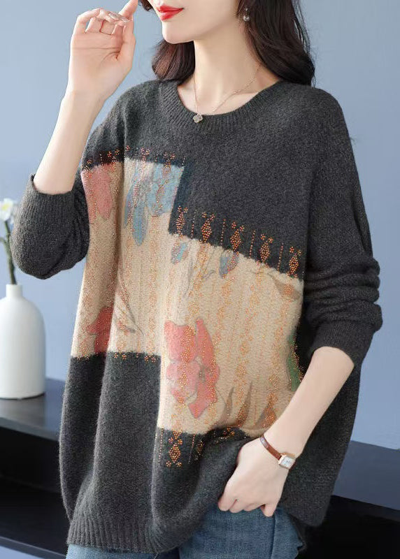 Grey O Neck Print Zircon Woolen Knit Sweaters Spring