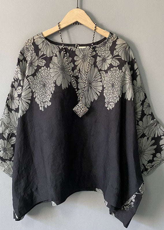 Black O Neck Print Patchwork Cotton Blouse T Shirt Summer