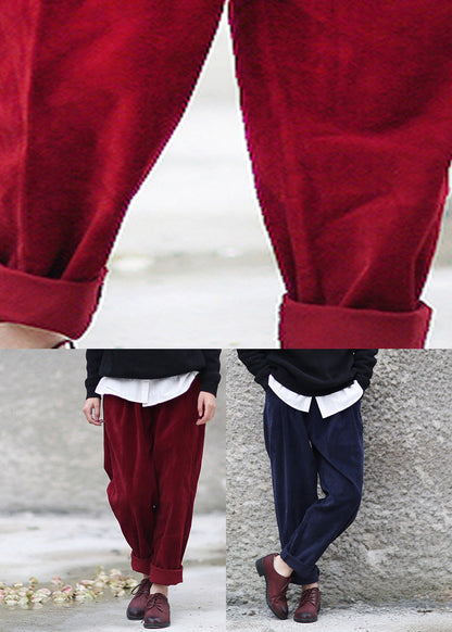Navy Blue Elastic Waist Corduroy Harem Pants Spring