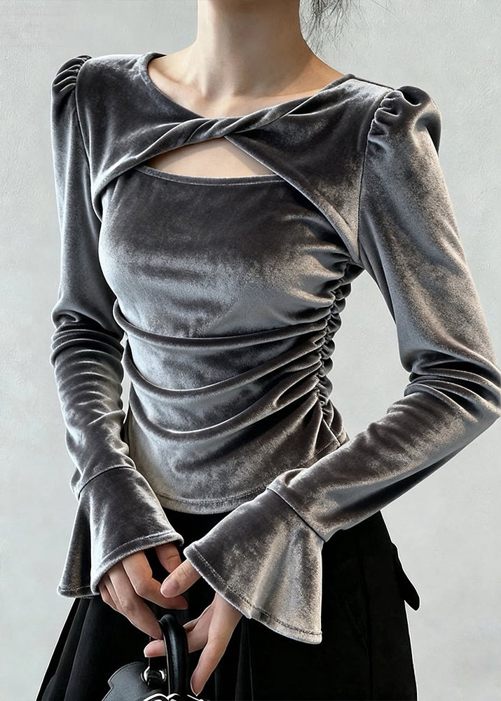 Grey Patchwork Hollow Out Silk Velour Tops Fall