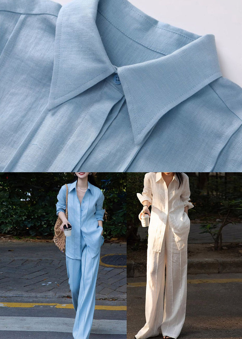Blue Peter Pan Collar Linen Shirts and Wide Leg Pants Two Pieces Set Long Sleeve