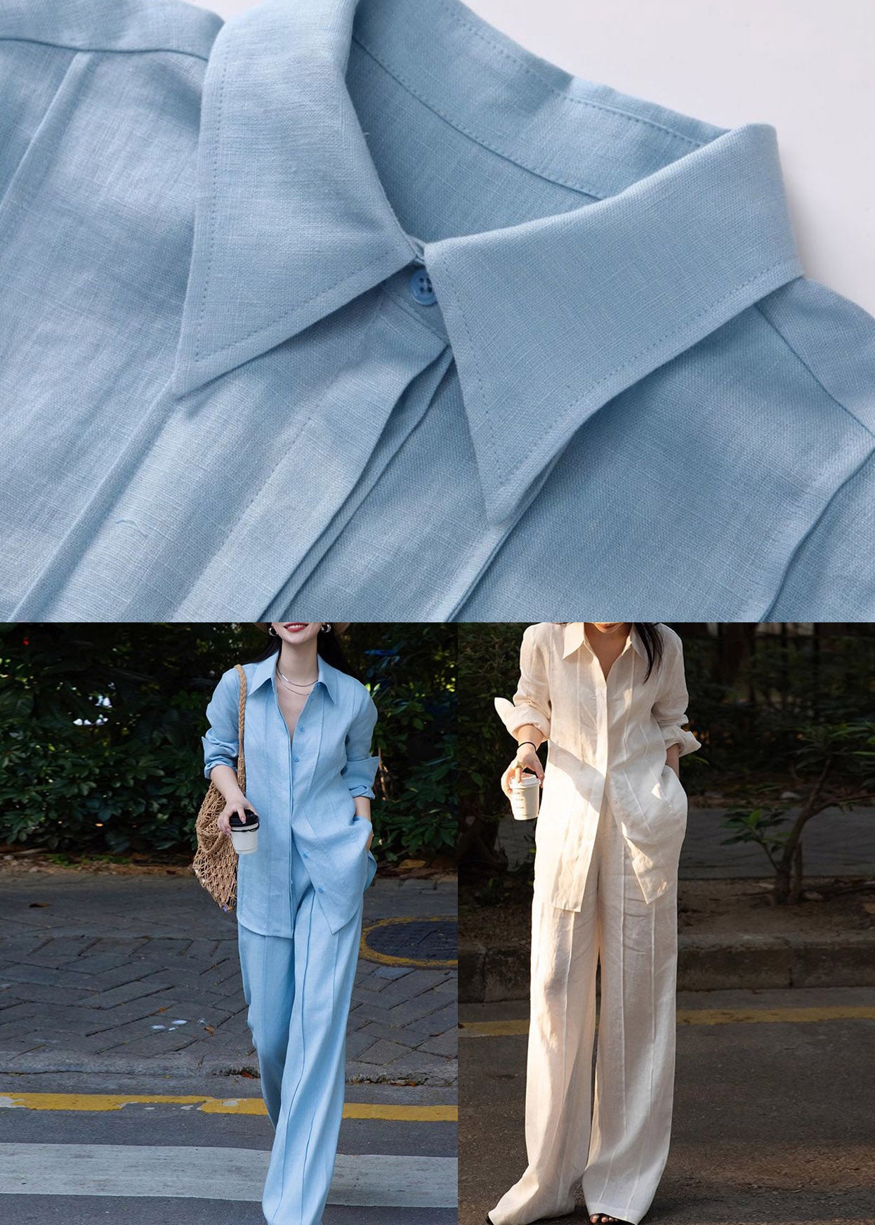 Blue Peter Pan Collar Linen Shirts and Wide Leg Pants Two Pieces Set Long Sleeve