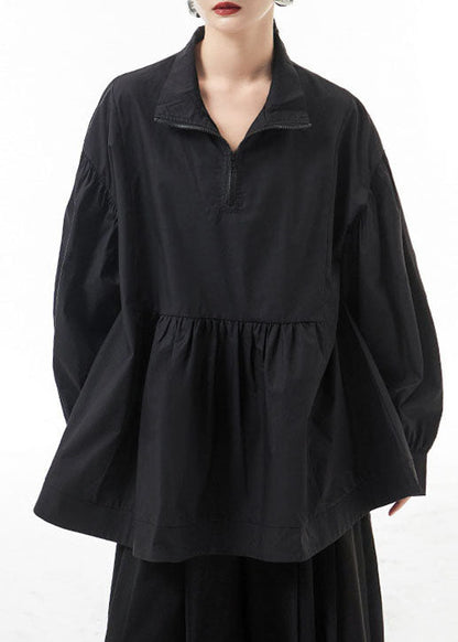 Black Wrinkled Zip Up Shirt Tops Lantern Sleeve