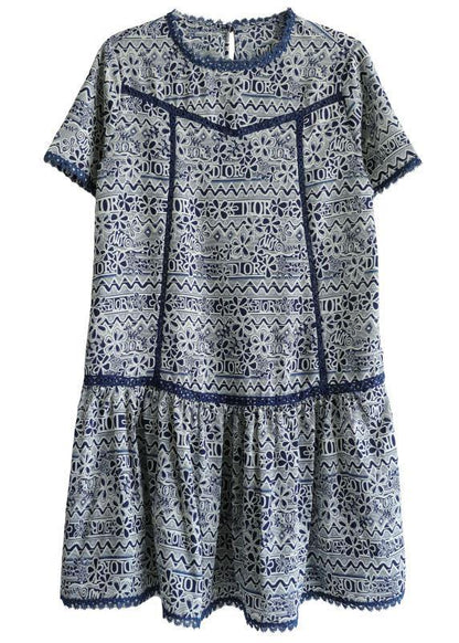 Modern Navy O-neck Print Summer Chiffon Dresses Short Sleeve