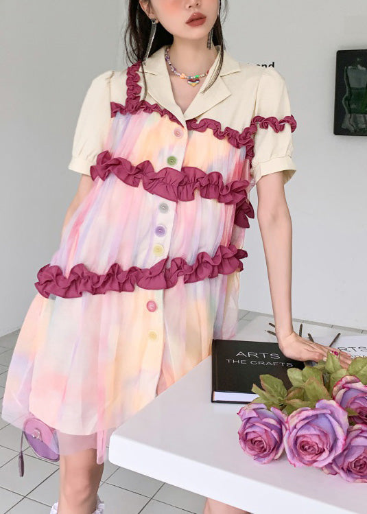 Turtleneck Patchwork Ruffled Button Tulle Shirts Dresses Summer