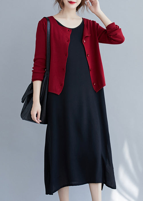 Red O Neck Button Patchwork Knitting Cotton Cardigan Fall