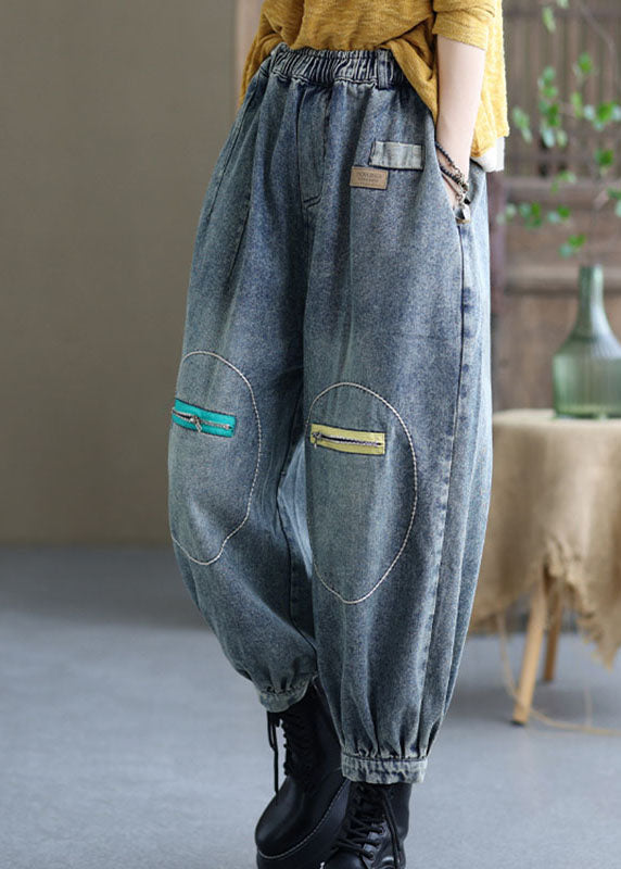 Natural Black Elastic Waist Pockets Fall Denim Pants
