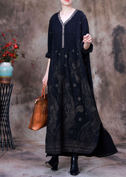 Black Side Open Patchwork Velour Long Dresses Spring