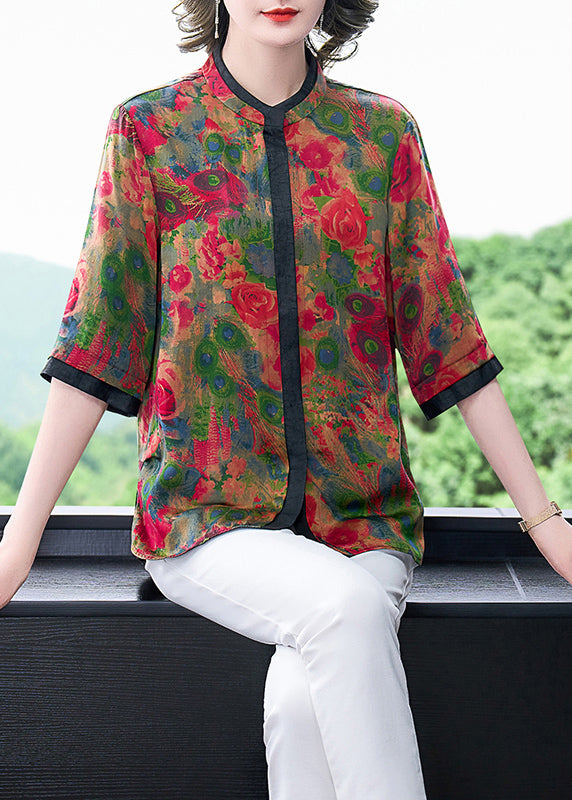 Style Red Stand Collar Patchwork Print Silk Blouses Half Sleeve