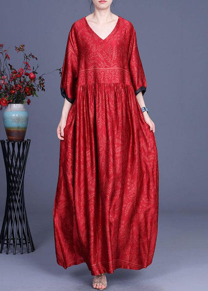 Red Print Silk Half Sleeve Summer Dresses