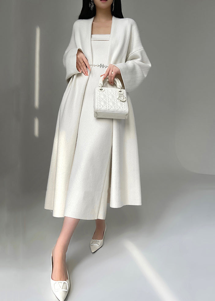 New White Cozy Cardigan and Dress Knit Two Pieces Set Spring