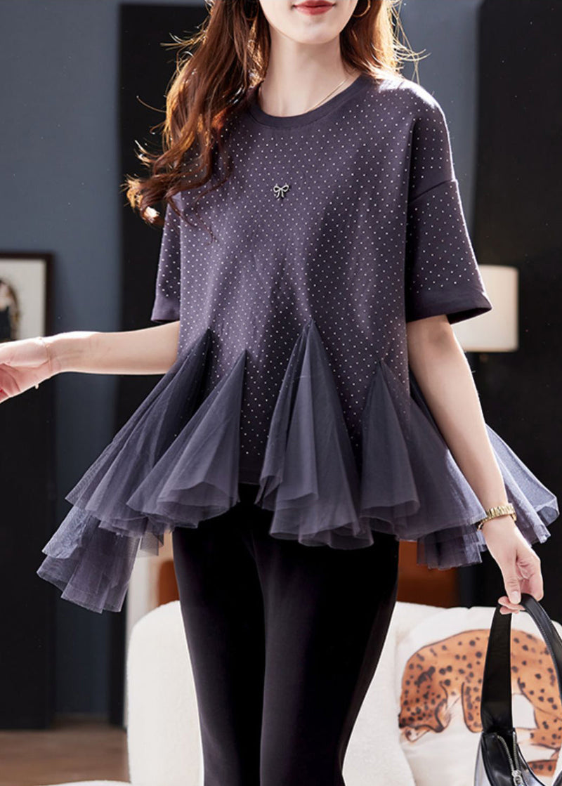 Grey O-neck Tulle Patchwork Zirco Knit T Shirt Short Sleeve